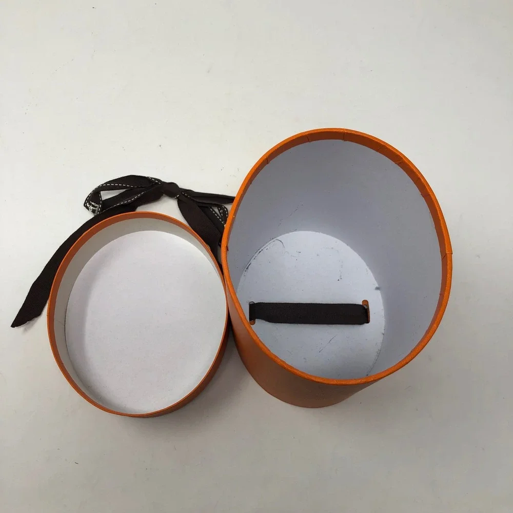 Hermes Round Accessory Gift Box‎ Small Orange Cylindrical Bolduc Ribbon 5in